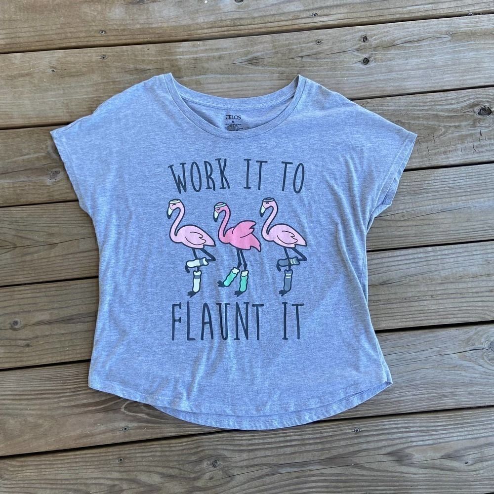 Zelos Heather Gray Flamingo Workout Tee Medium